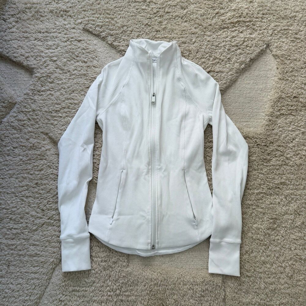 Athleta Salutation Ribbed Jacket 2.0 White Full Zip Mock Neck Activewear XXS